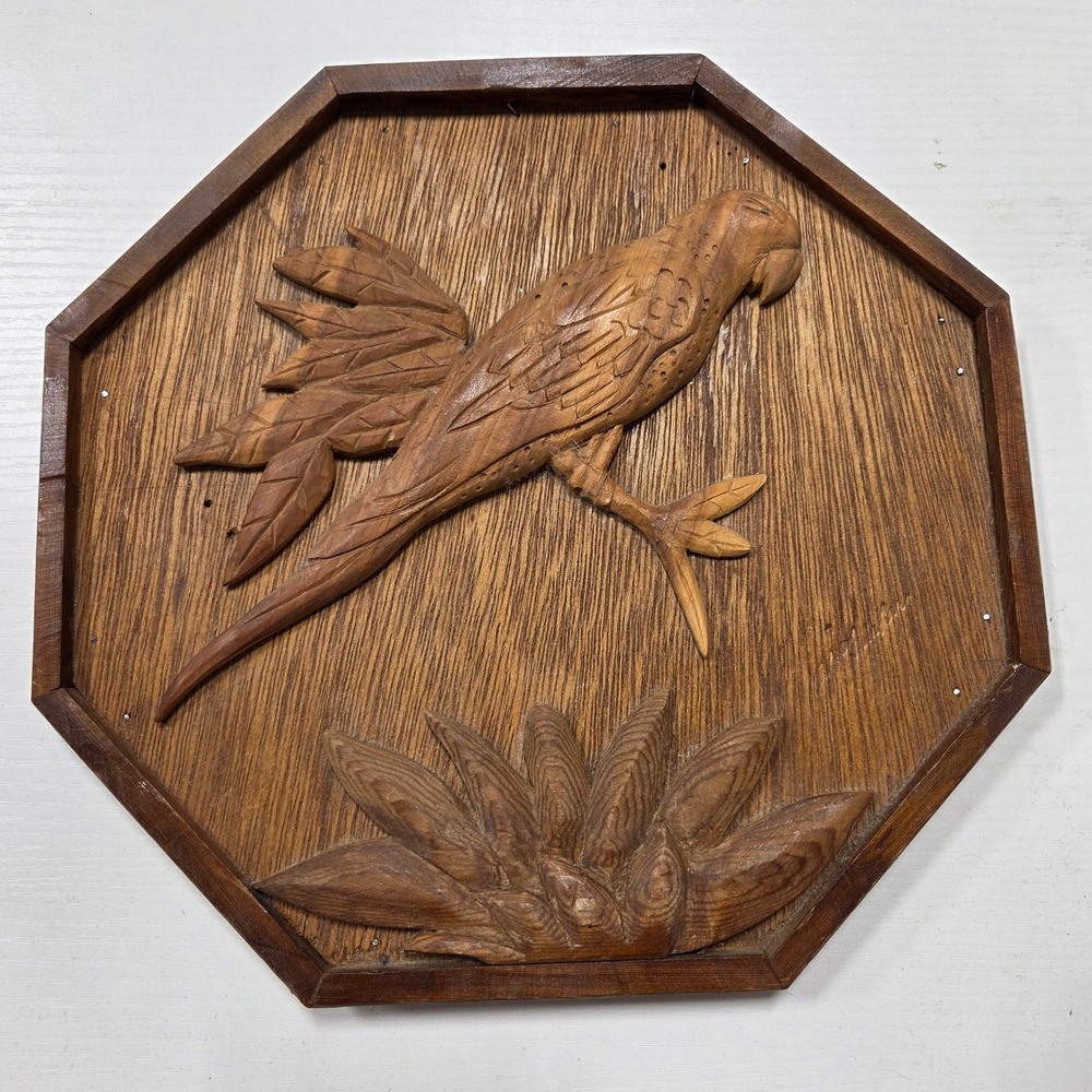 Vintage 1991 Hand Carved Wood Parrot Wall Plaque Octagon Tropical Bird Folk Art